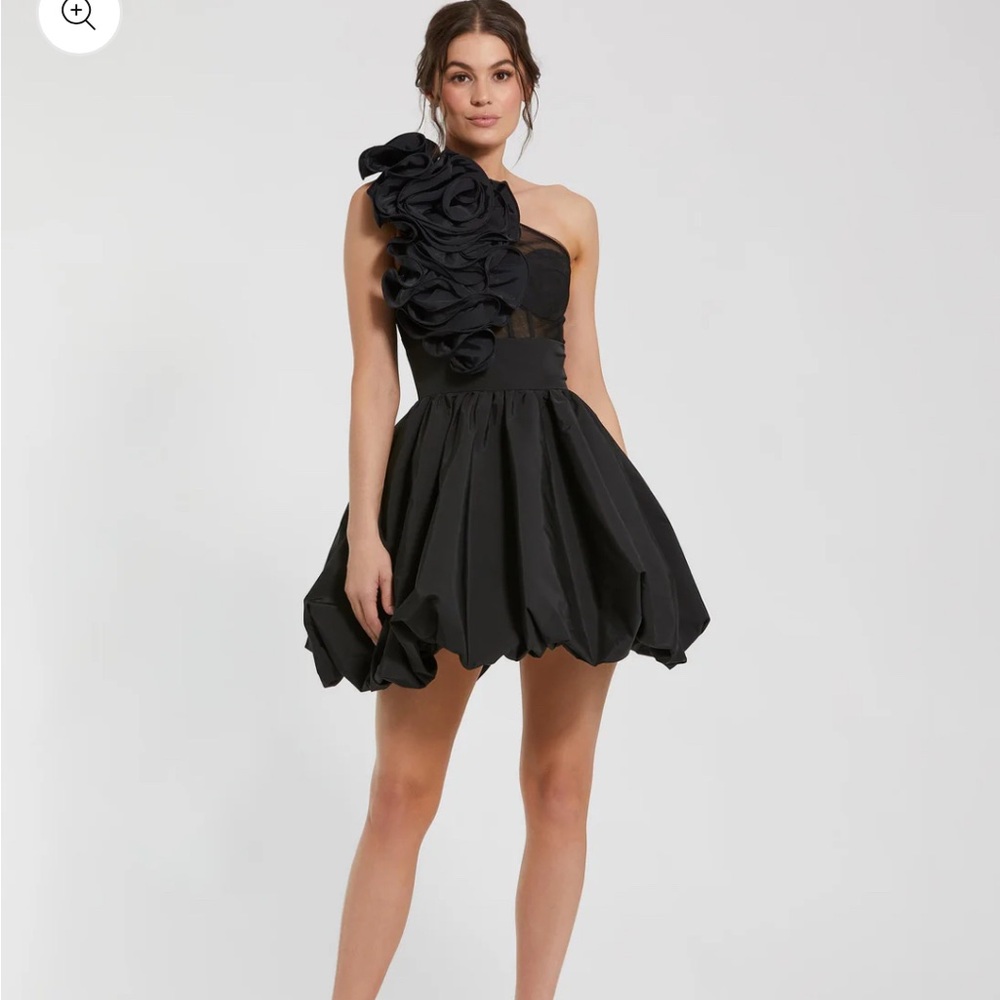 Black Taffeta One Shoulder Ruffle Bubble Mini Dress